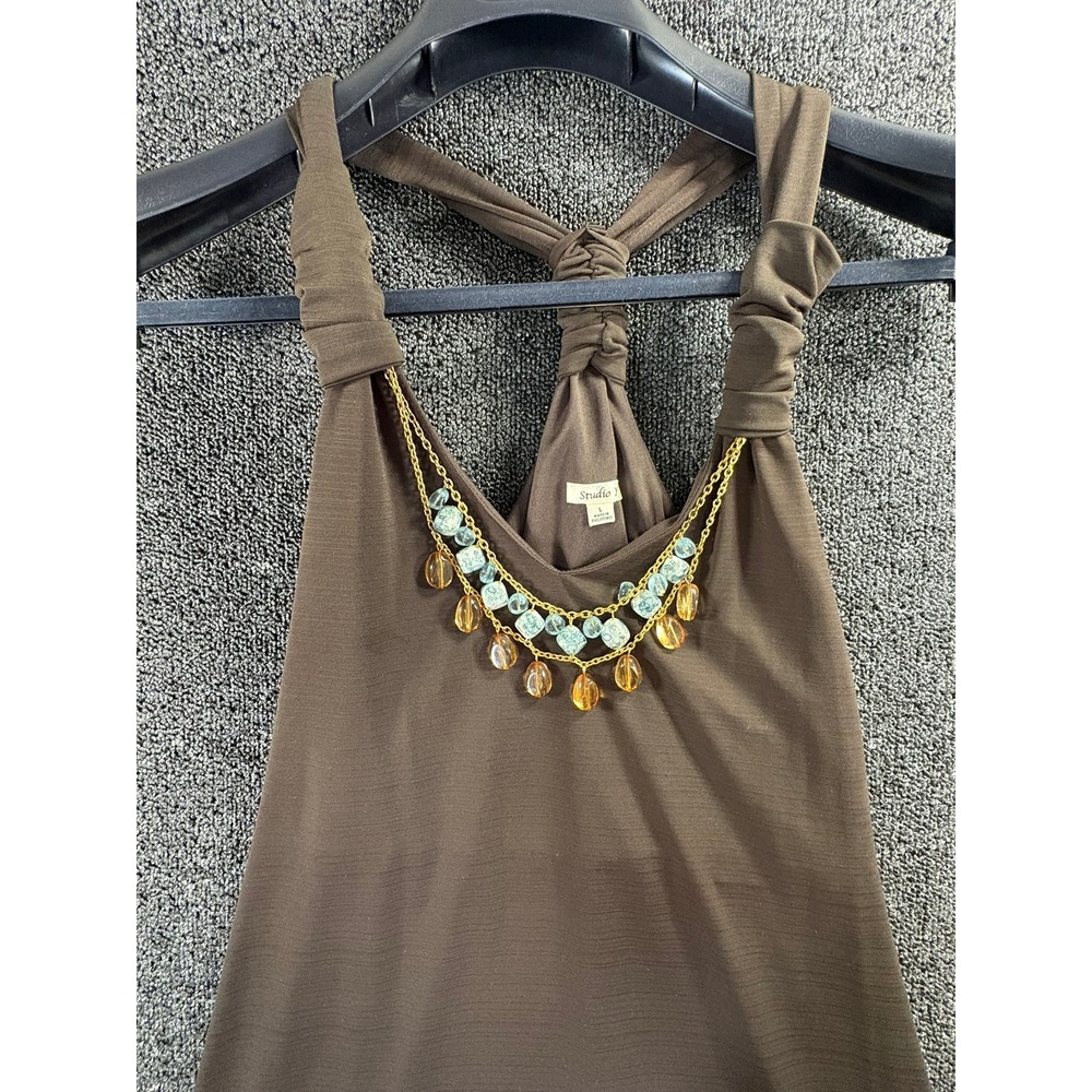 Studio Y Brown Halter Midi Dress Beaded Necklace Detail Womens‎ Large L Brown
